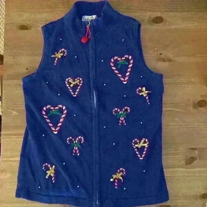 Vintage Nouveaux Cute Ugly Christmas Knit Sweater Vest Candy Canes Blue Zipper M